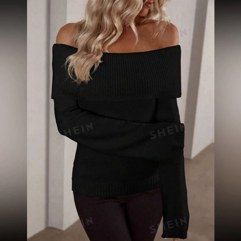 Off Shoulder Foldover Ribbed Knit Sweater - Picture 3 of 8